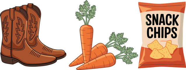 Cowboy boots, carrots, snack chips cartoon illustration, food and fashion concept, playful object trio, colorful vector, educational design © Hey this is Tazim
