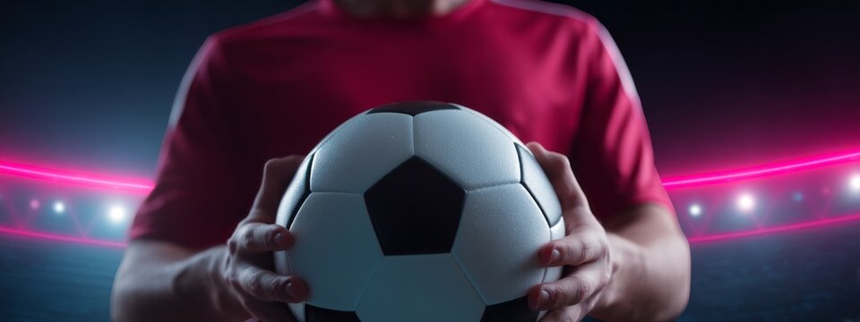 In a dynamic sports setting, a male player stands confidently, gripping a black and white soccer ball. The atmosphere is electric, highlighted by colorful lights from the stadium
