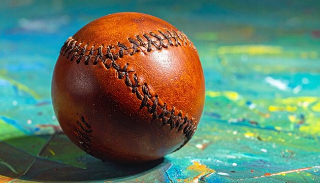 Brown leather baseball with visible stitching on colorful abstract painted surface for editorial sports photography artistic decor and poetic contrast-themed visuals - Powered by Adobe