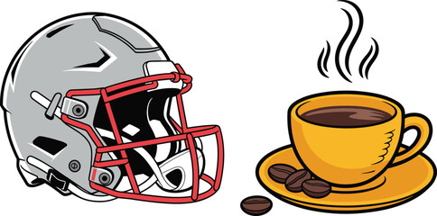 Football helmet, coffee cup, sports and relaxation, red facemask, steaming drink, contrast theme, gray helmet, yellow saucer, concept illustration