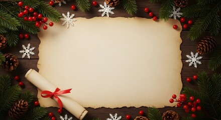 Christmas background with blank parchment paper scroll and festive decorations on wooden table