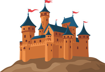 Medieval castle illustration, rocky hill fortress, blue roof towers, red flags, historical architecture, fantasy building, cartoon style, storytelling concept © Hey this is Tazim