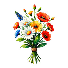 Watercolor bouquet of colorful wildflowers tied with twine isolated on transparent background