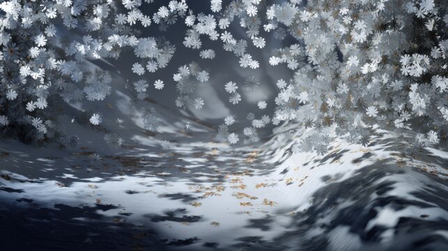 3D rendering of snowflakes falling in the wind, background is a river flowing under an overhanging tree canopy, dark gray and white color theme, blurred, close-up, bokeh effect.
