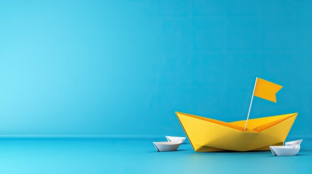 Yellow paper boat leads among white boats in calm blue waters symbolizing innovation and leadership in a creative business concept