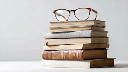 A stack of old hardcover books in various neutral colors with a pair of brown-framed reading glasses resting on top against a plain light-gray background - Powered by Adobe