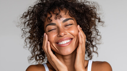 beautiful african american woman laughing and touching her face isolated on grey
