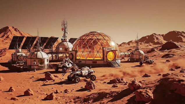 Mars base with dome structure, solar panels, and rover vehicles on a red dusty surface landscape