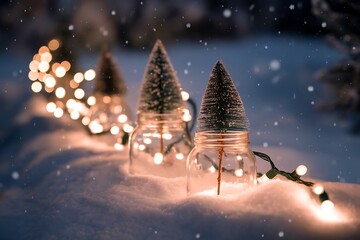 Enchanting Miniature Christmas Tree Jars in Winter Wonderland Create a Cozy and Festive Holiday Atmosphere.