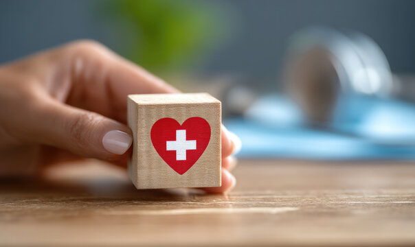 Wooden block with red heart and white cross symbol, representing healthcare, safety, and medical support concept - Powered by Adobe