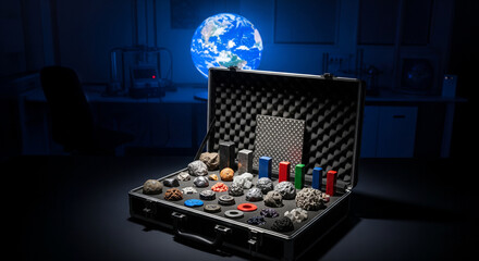 Rare earth metals and neodymium magnets in a suitcase against a world map.
