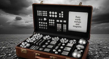 Rare earth metals and neodymium magnets in a suitcase against a world map.