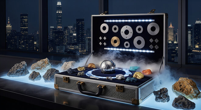 Rare earth metals and neodymium magnets in a suitcase against a world map.