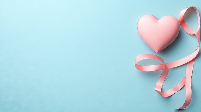 Beautiful pink ribbon forms a heart shape on smooth pastel background perfect for Valentine's Day celebrations and romantic messages