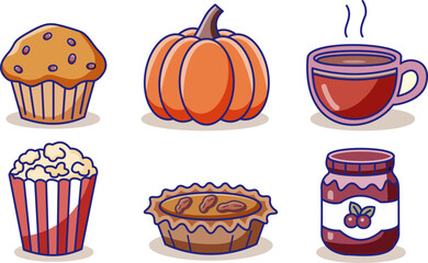 Set of 6 Cute Cartoon Fall Foods and Drinks on Cream Background &ndash; Muffin, Pumpkin, Tea, Tart, Popcorn