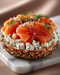 Sandwich with smoked salmon, soft cheese and dillle board