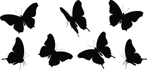 Black butterfly silhouettes flying isolated on white background, elegant insect shapes collection, nature vector illustration for design decoration © Arman