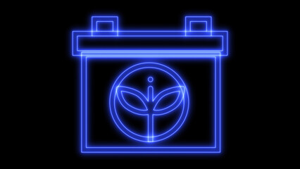 Blue neon outline calendar icon with a glowing plant leaf symbol, representing eco-friendly planning, sustainable events, and environmental awareness on a dark background