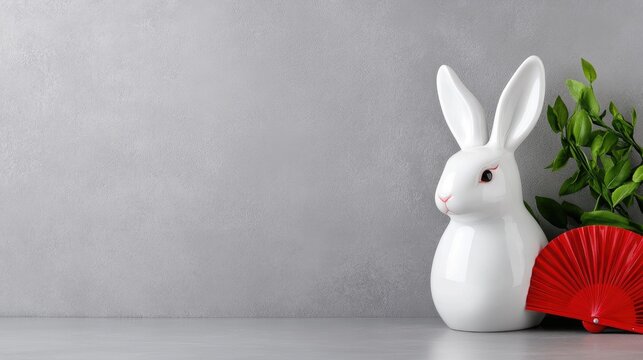 Elegant white ceramic rabbit with red fan on minimalist background for Chinese New Year celebration