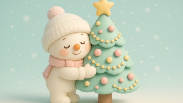 Cute snowman hugging Christmas tree desktop wallpaper