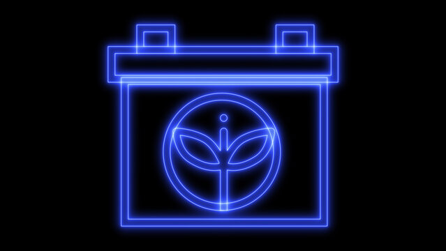 Blue neon outline calendar icon with a glowing plant leaf symbol, representing eco-friendly planning, sustainable events, and environmental awareness on a dark background