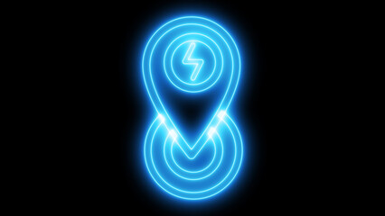Bright neon blue electric vehicle charging station location pin icon with a prominent lightning bolt symbol against a dark background, digitally rendered for modern energy concepts.