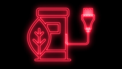 Vibrant neon red icon of a leaf, battery, and plug, symbolizing sustainable green energy and electric power. Modern eco-friendly solution.