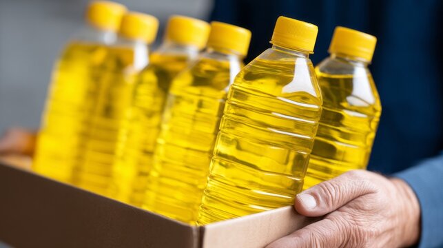 A group of individuals joyfully carries a box filled with bright sunflower oil bottles, sharing smiles and teamwork during a vibrant gathering outside under the sun