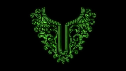 Vibrantly glowing neon green ornate floral pattern design in an elegant abstract collar shape, creating a futuristic light effect on a dark black background, vector illustration.