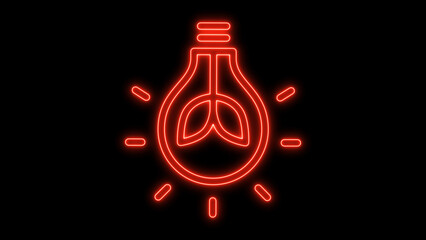 Bright red neon outline of a glowing light bulb icon featuring a unique leaf design, symbolizing innovative eco-friendly energy and sustainable ideas against a stark black background.