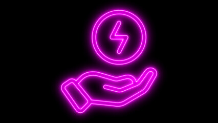 Vibrant pink neon outline vector icon illustrating a hand holding a glowing coin with a lightning bolt symbol, representing energy, power, and digital currency concepts