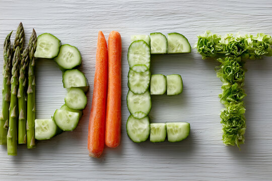 The word "DIET" spelled out on a light wooden surface using fresh fruits and vegetables: "D" made from cucumber slices, "I" from a celery stick, "E" from thin carrot strips, and "T