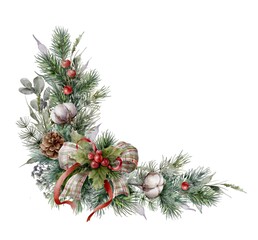 Watercolor corner Christmas element with fir branches,  bow, eucalyptus, cotton flowers, berries and cones. Spruce corner garland. 