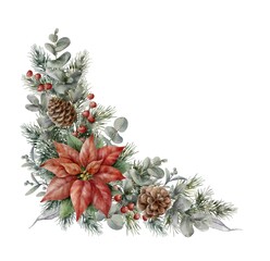 Watercolor corner Christmas element with red poinsettia, berries, cones. Spruce corner garland. Christmas star flower.