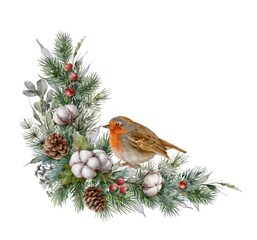 Watercolor corner Christmas element with fir branches,  bird, eucalyptus, cotton flowers, berries and cones. Spruce corner garland. 