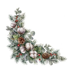 Watercolor corner Christmas element with fir branches, eucalyptus, cotton flowers, berries and cones. Spruce corner garland. 
