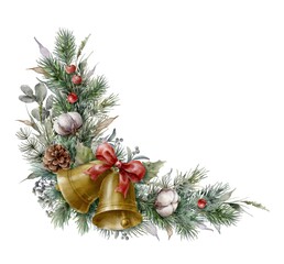 Watercolor corner Christmas element with fir branches,  jingle bells, eucalyptus, cotton flowers, berries and cones. Spruce corner garland. 