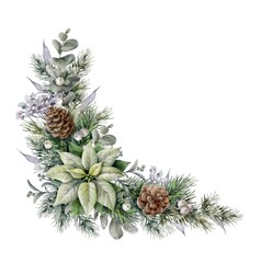 Watercolor corner Christmas element with white poinsettia, berries, cones. Spruce corner garland. Christmas star flower.