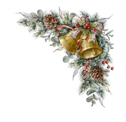 Watercolor corner Christmas element with fir branches,  jingle bells, eucalyptus, berries and cones. Spruce corner garland. 