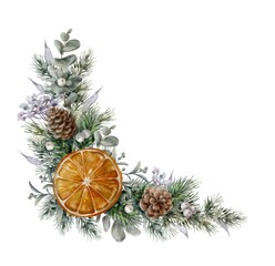 Watercolor corner Christmas element with fir branches, eucalyptus, orange slice, berries and cones. Spruce corner garland. 