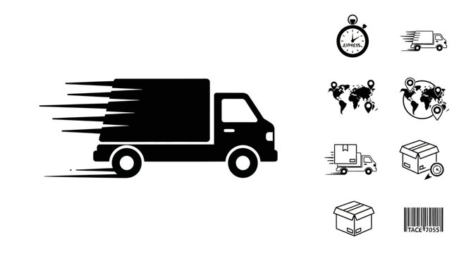 Delivery truck icons set. Fast delivery truck. Delivery service icons. Express shipping. Cargo van moving fast. Logistics trucking. Vector illustration