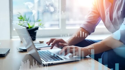 Person typing on laptop with financial data overlays and city view hands keyboard - Powered by Adobe
