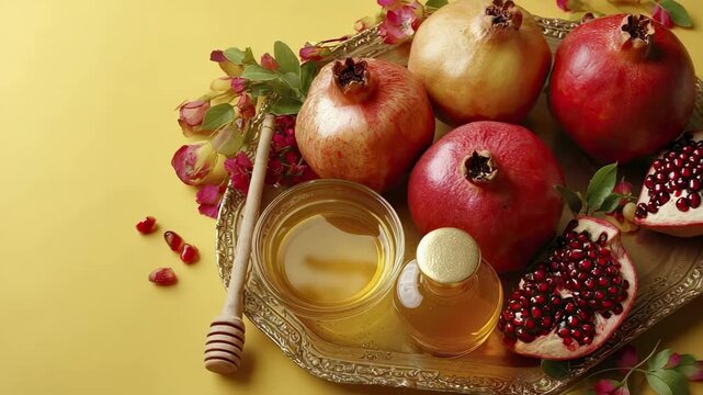 A still life arrangement of ripe pomegranates and golden honey on an ornate tray against a yellow background