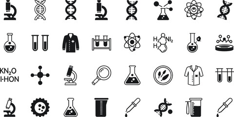 Science laboratory icon set, DNA helix, microscope, chemical flask, biology, molecular research, test tube, scientific experiment, education illustration