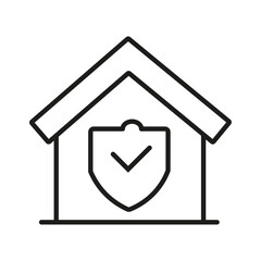 Simple black line drawing of a house icon, presented against a plain white background. Black house icon, minimalist home symbol, simple residential building silhouette design for real estate.
