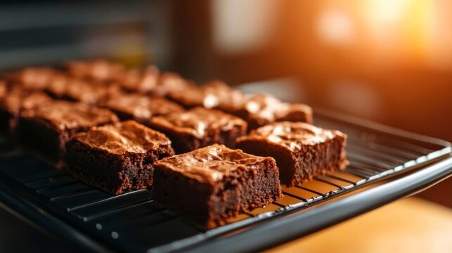 Delicious homemade brownies on a cooling rack, showcasing a tempting, fudgy texture and rich chocolate flavor under warm sunlight.