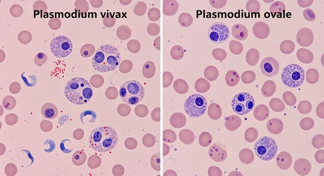 Comparative microscopy of Plasmodium vivax and Plasmodium ovale morphology