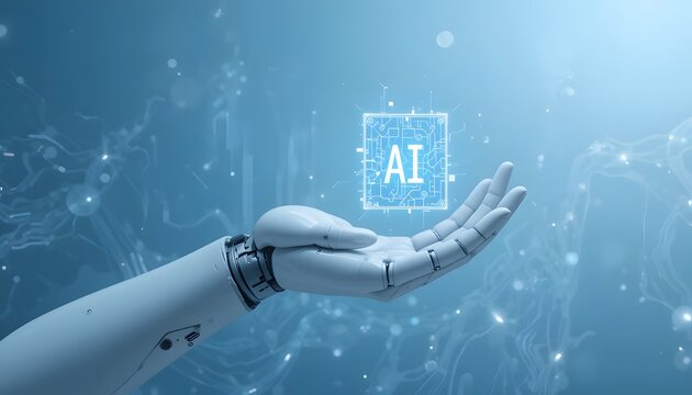 Futuristic robotic hand gently presents glowing AI technology symbol, symbolizing innovation and digital transformation in a bright, ethereal setting.