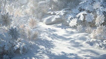 A path made of white paper, covered in snowflakes and flowers, bathed in sunlight, showcasing the intricate details and textures of each leaf or petal, creating an ethereal atmosphere.
