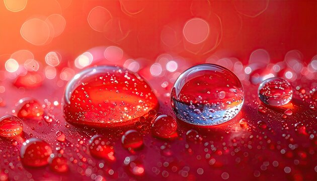 Water drops reflect vibrant red, bokeh background shines
